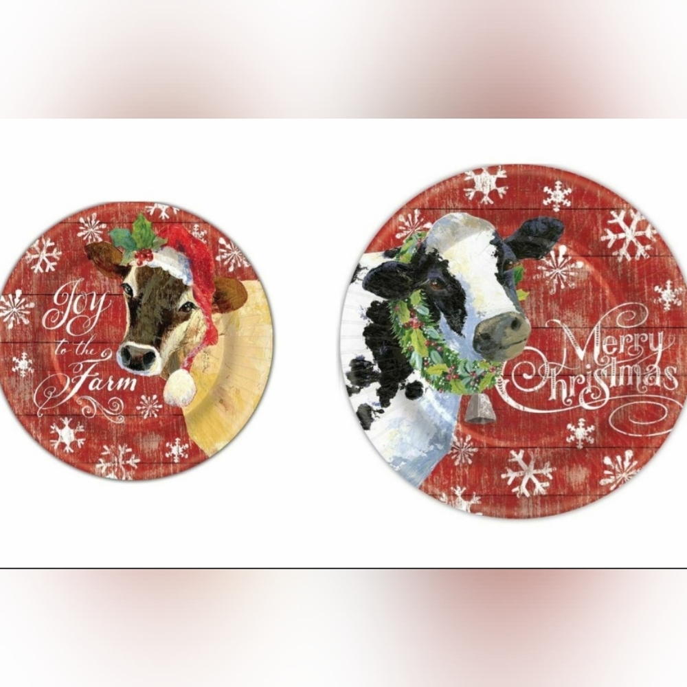Joy to the Farm Christmas Dinner Dessert Plates Farmhouse Cow Pattern Serves 16